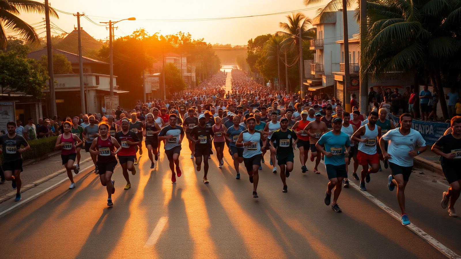Pelotão de corredores em prova de rua ao amanhecer
